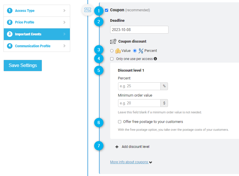 GotPhoto job settings with 'Important Events' selected. The 'Coupon' section is open, showing a checkbox, deadline field, discount value/percent options, and minimum order value.