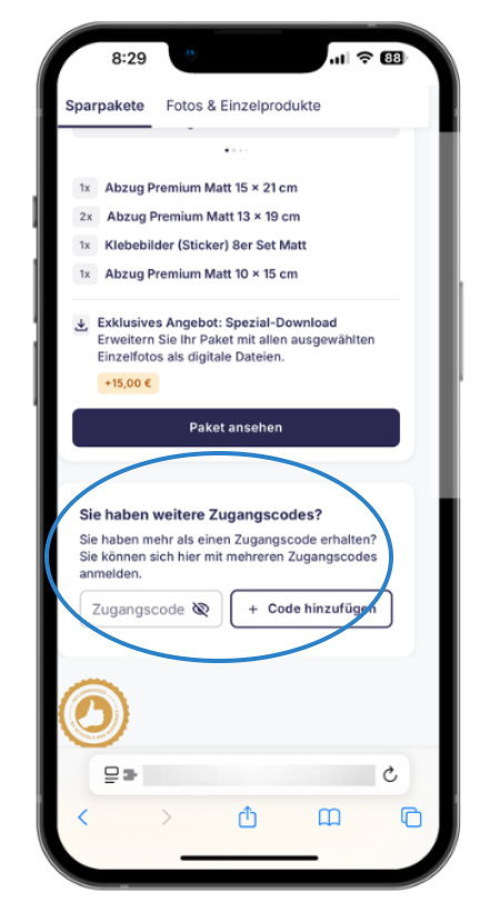 Zusätzliches Eingabefeld für Zugangscodes während des Shoppings