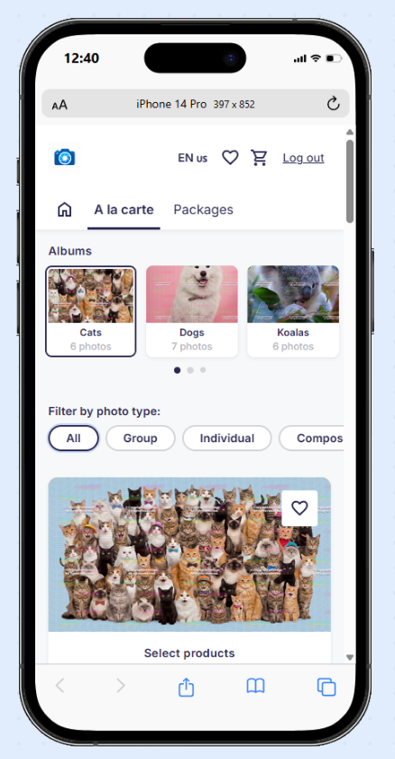Event gallery showing the album carousel and photo type filters for browsing photos.