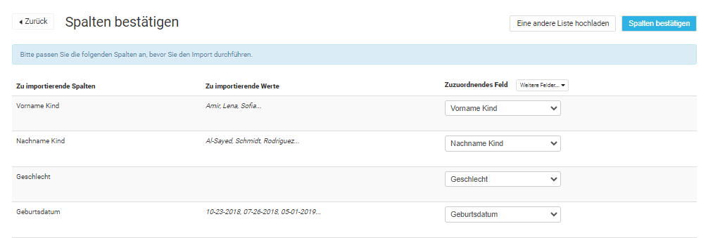 Die Spaltenzuordnungsfunktion zeigt die Überschriften der hochgeladenen Datei, die den Systemspalten zugeordnet werden können.