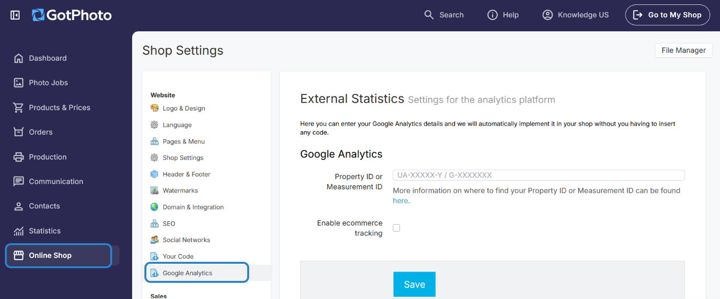 Screen shows field for Google analytics code in GotPhoto account.