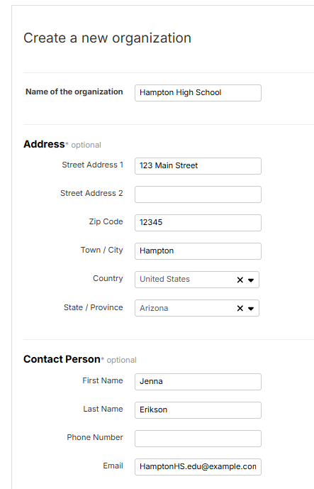 Organization creation form showing fields for organization name, address, and contact person details.