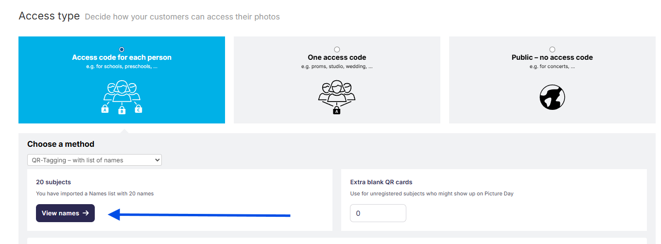 A screenshot showing the 'View names' link and 'Student data export' option within a photo job.