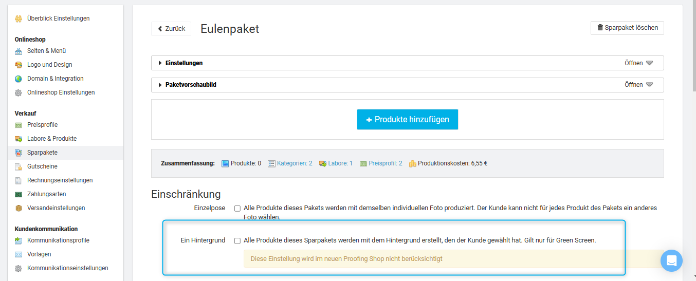 Sparpaket-Einstellungen mit Green-Screen-Option