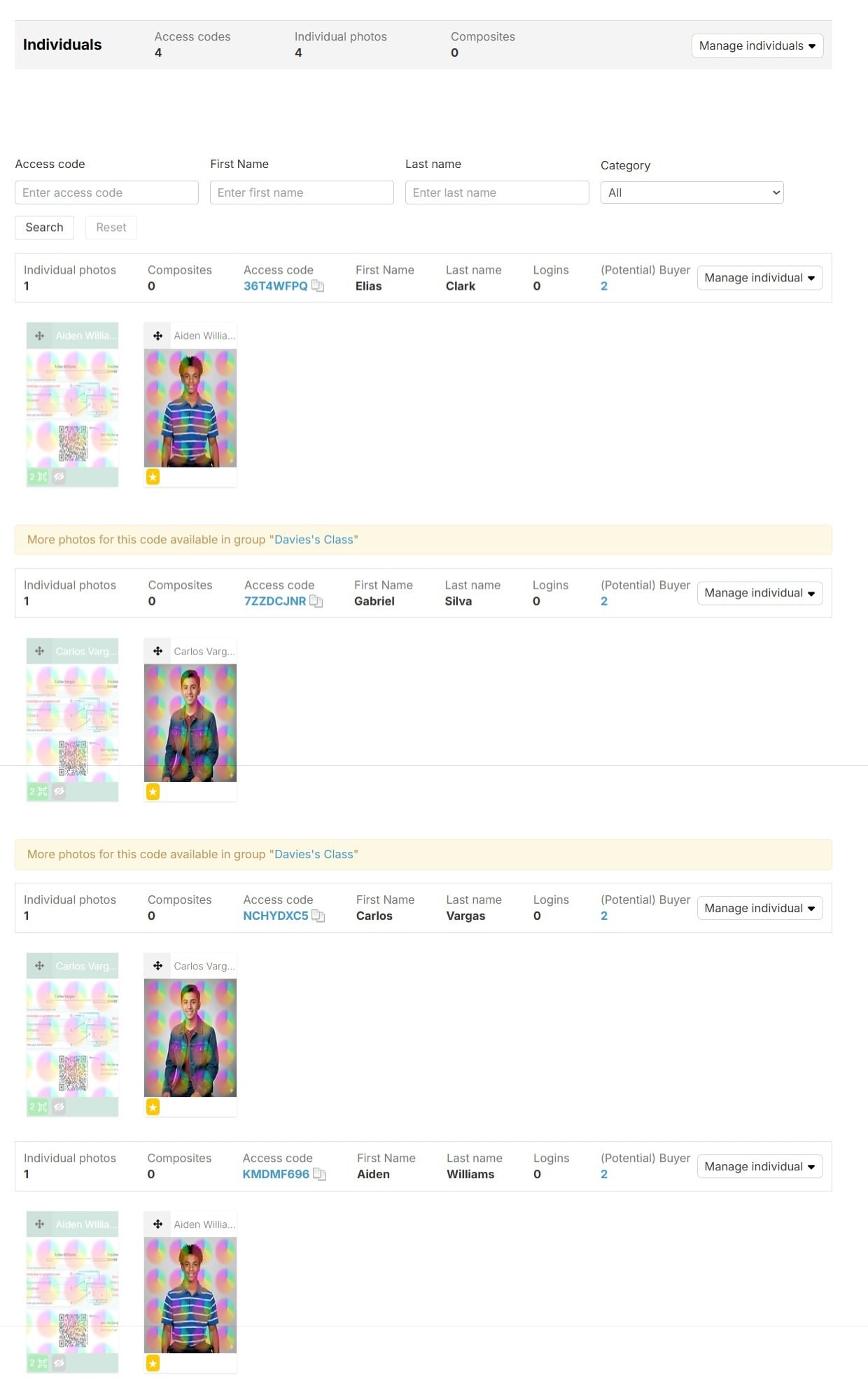 Album view with access code grouping