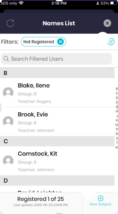 SpotMyPhotos screen with subject list, including options to search and filter subjects.