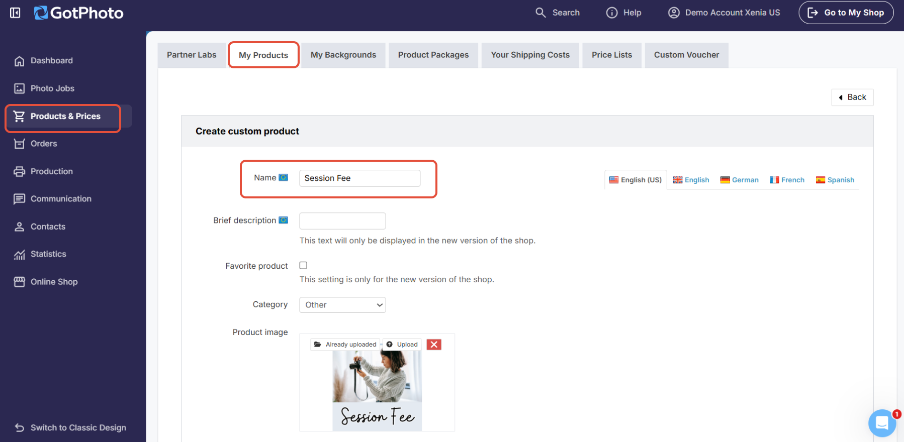 Creating a custom product named Session Fee