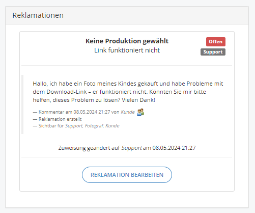 Anzeige einer eingereichten Reklamation
