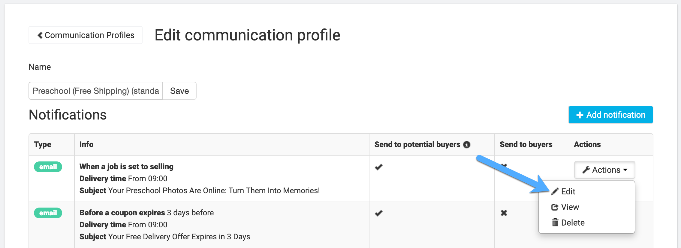 Edit action for the notification with an existing CTA