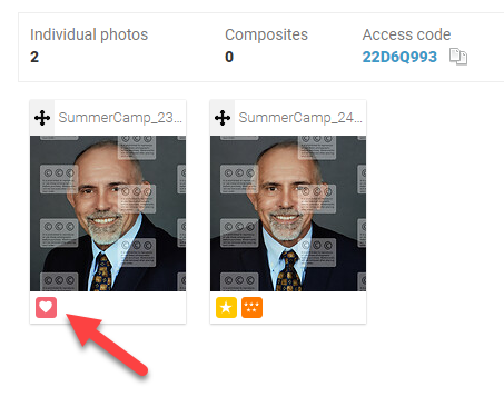 Photo management view showing favorite, star, and index icons