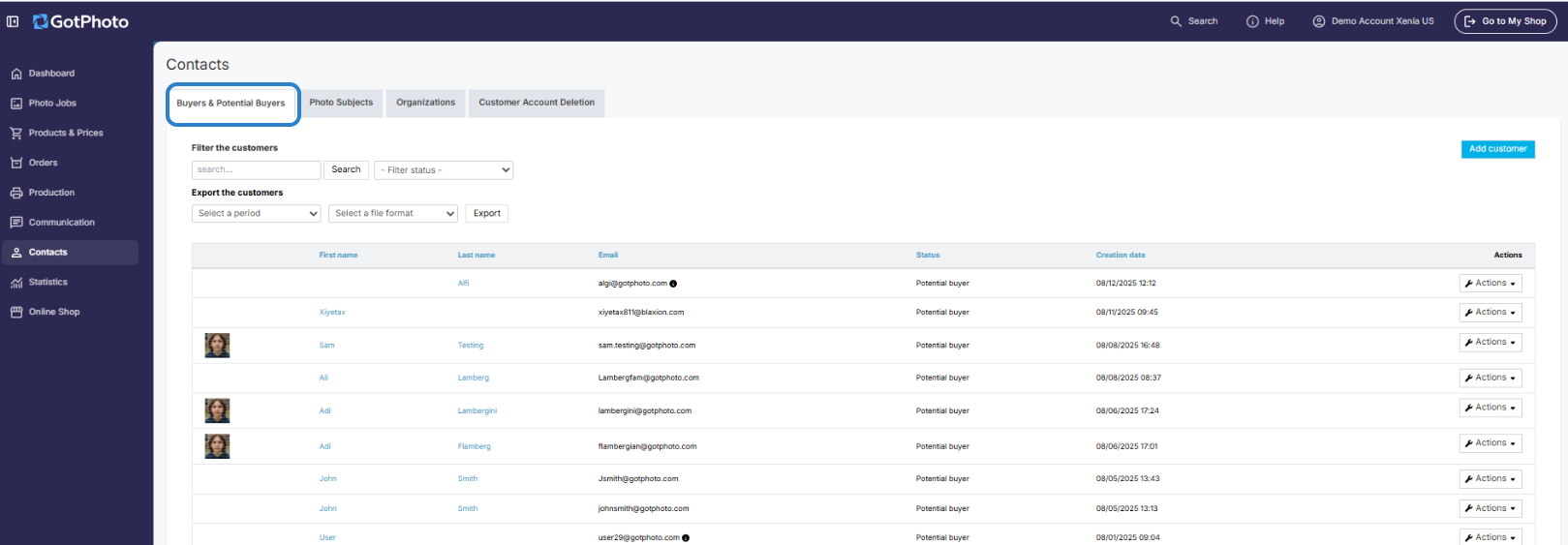 GotPhoto contacts page displaying a list of buyers and potential buyers with names, emails, statuses, creation dates, and action options