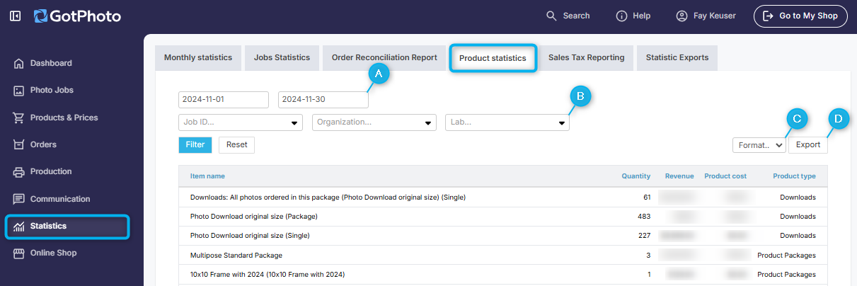 Product Statistics export panel with filters