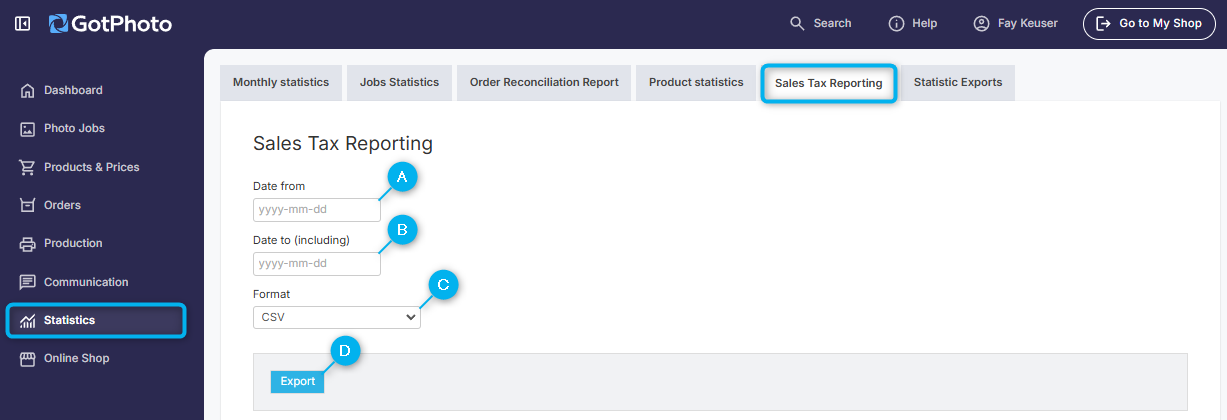 Sales Tax Reporting export panel with generated report section