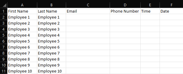 Spreadsheet with generic employee placeholder data