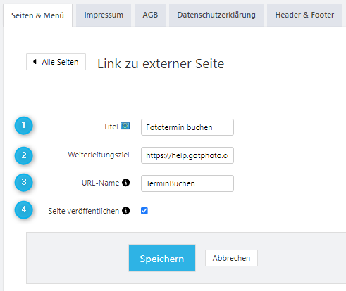 Seiteneinstellungen für externe Links