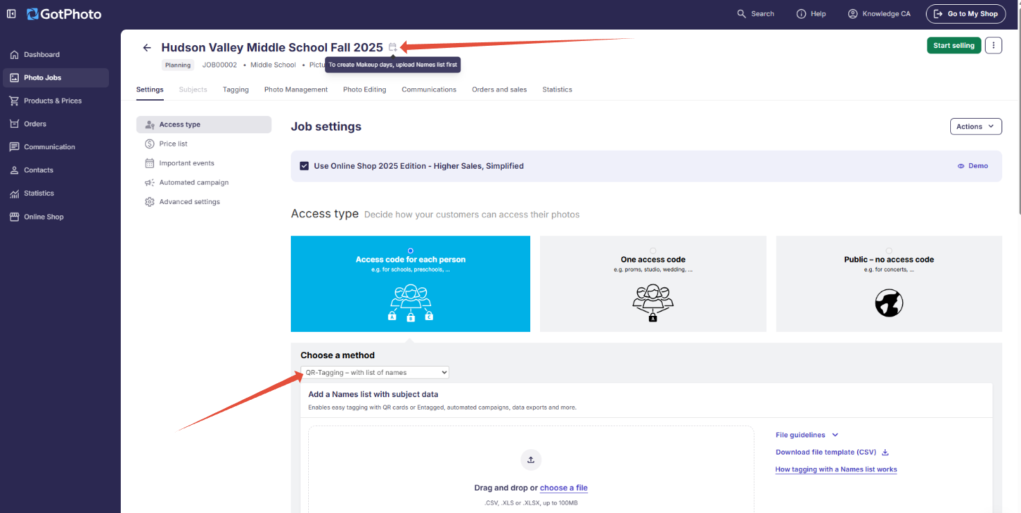 Blue '+ Add Makeup Day' button on the job settings page. This initiates the process to create a makeup photo session under an existing job.