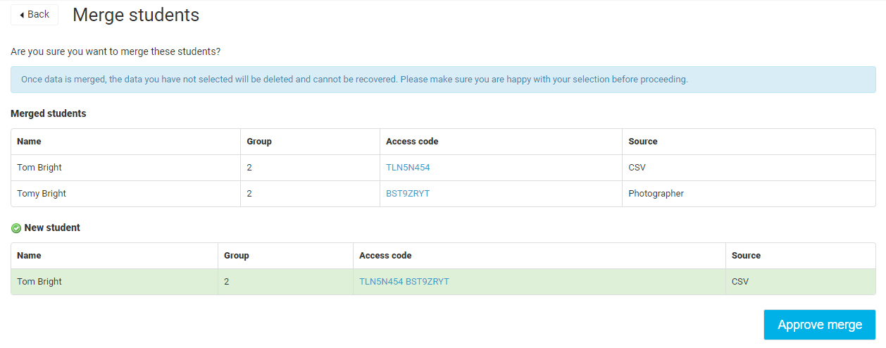 Merge students screen showing two entries combined into one with both access codes and group info.