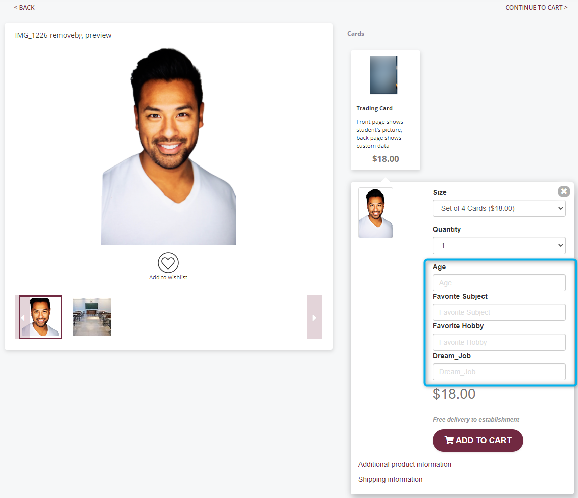 Shop view example showing a custom product with extra fields