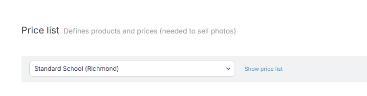 Price list selection dropdown in Photo Job settings