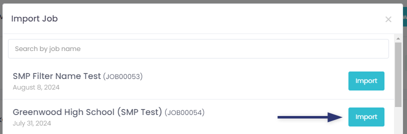 List of available Photo Jobs in SpotMyPhotos with the 'Import' button highlighted.