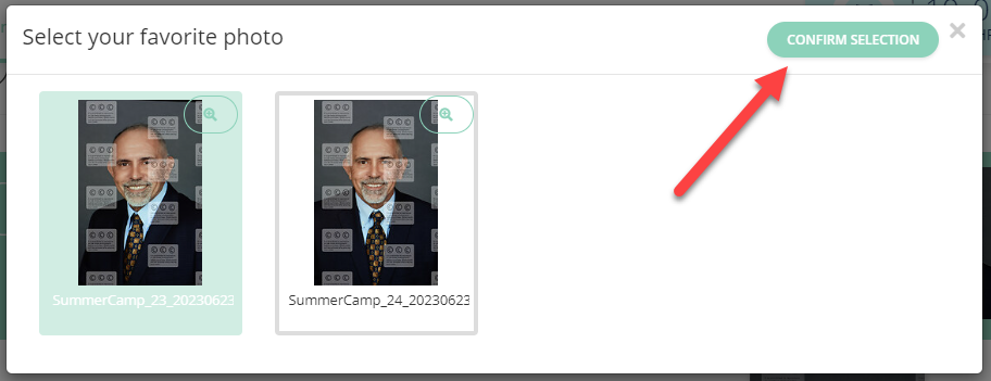 Popup window displaying selectable images for favorite photo