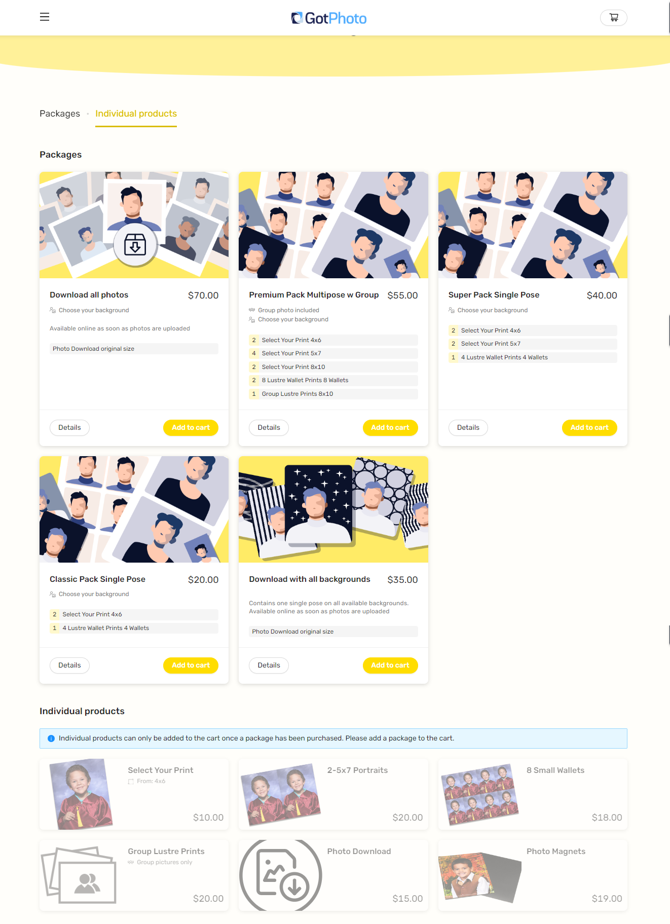 Product list with packages and à la carte items