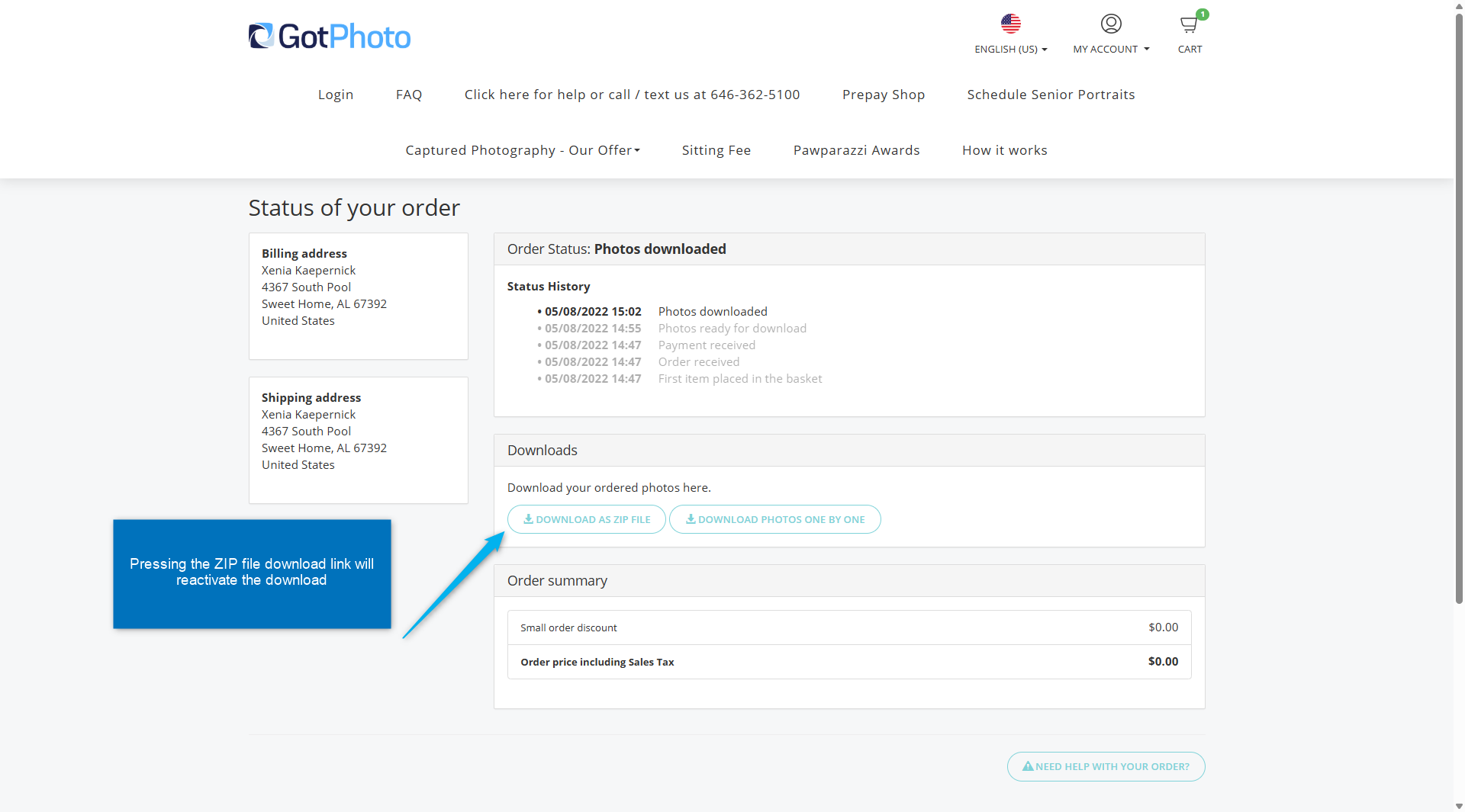 Customer order overview page with Zip file download button.