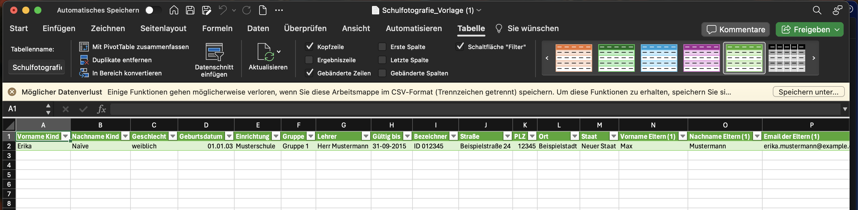 Eine Tabelle in einer Tabellenkalkulationssoftware zeigt korrekt importierte und lesbare Daten mit deutlich getrennten Spalten.