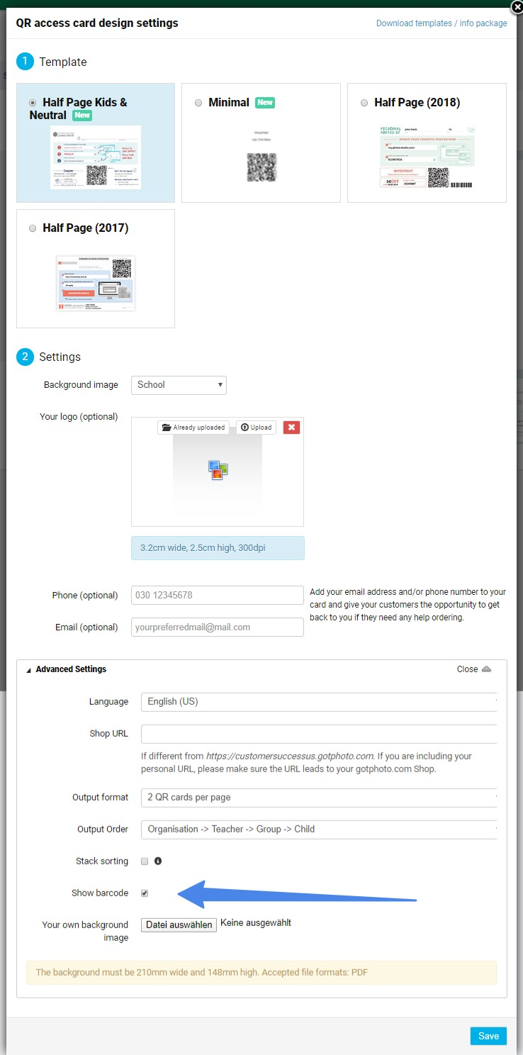 The QR card creation screen with the 'show barcode' option enabled