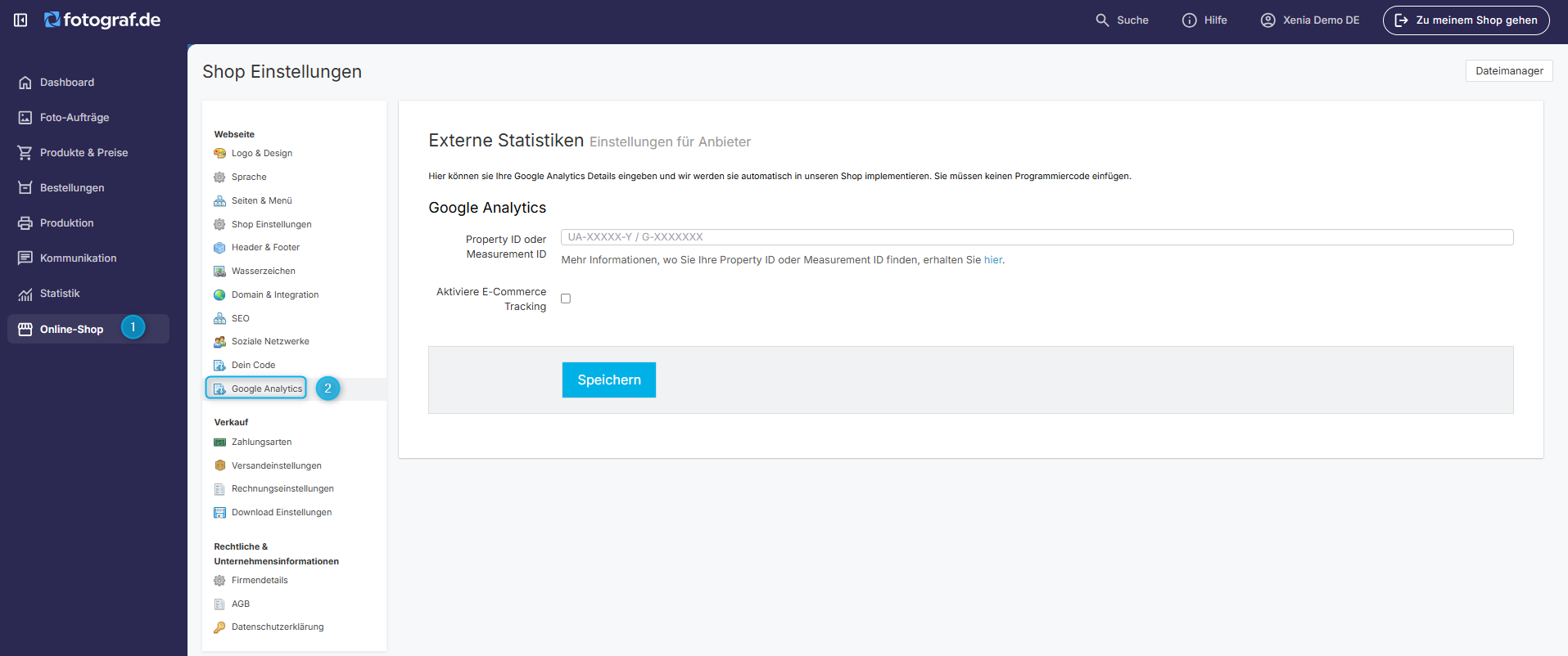 Google Analytics Reiter in den Shop-Einstellungen