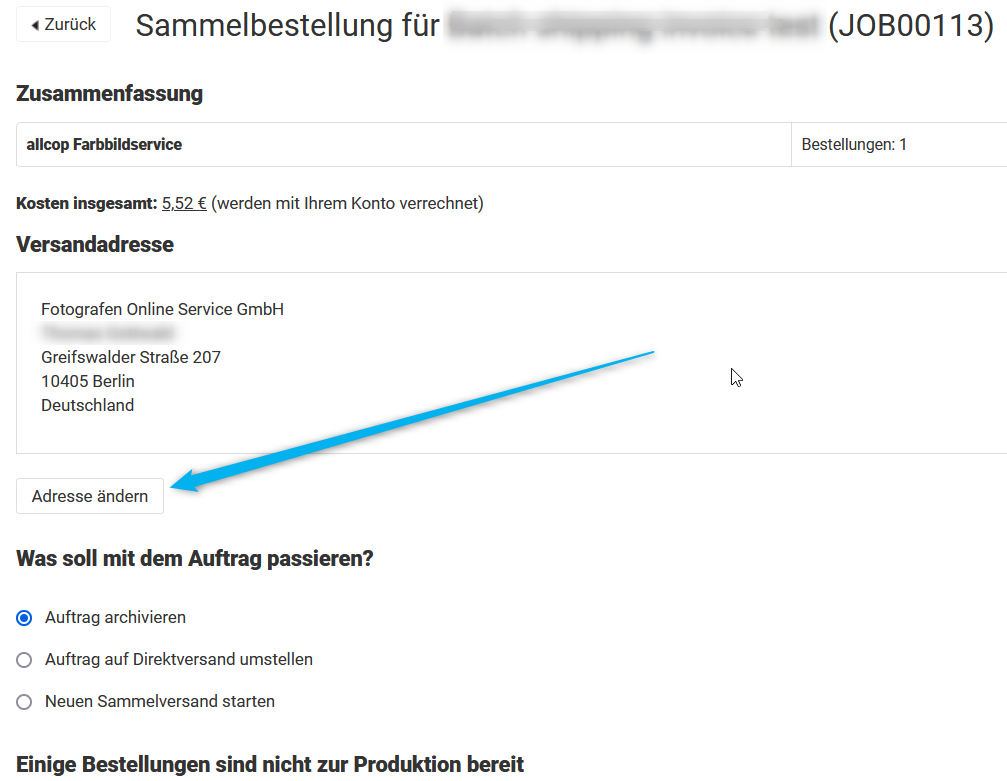 Adresse ändern beim Produktionsvorbereitungsprozess