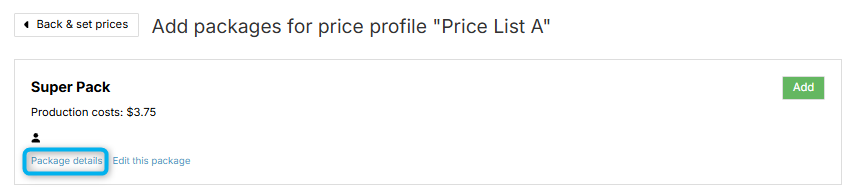 List of packages with Package details and Add buttons