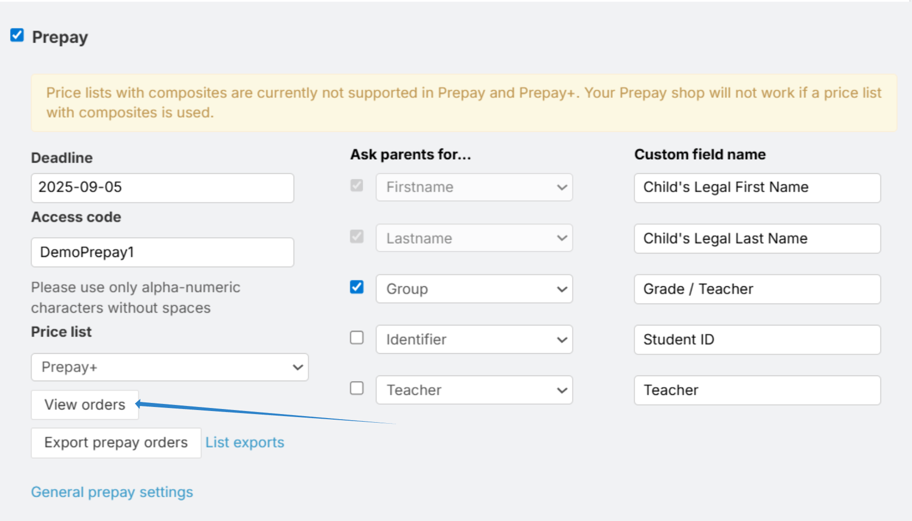 Prepay settings screen with an arrow pointing to the “View orders” button below the Price Profile dropdown.