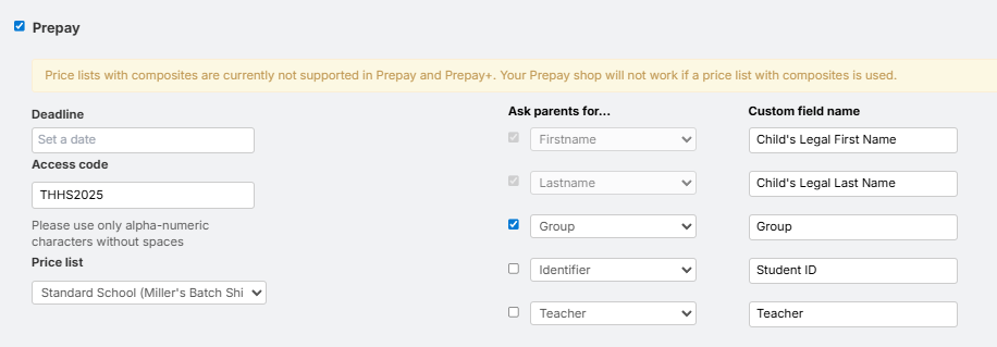 Prepay settings with deadline, access code, price profile, and custom fields.