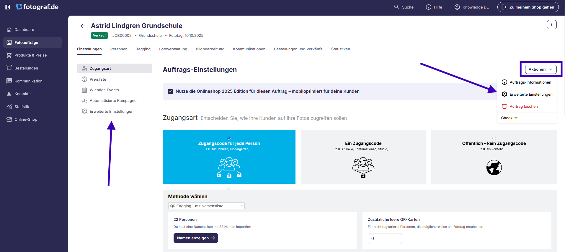 Dropdown-Menü für erweiterte Auftragseinstellungen