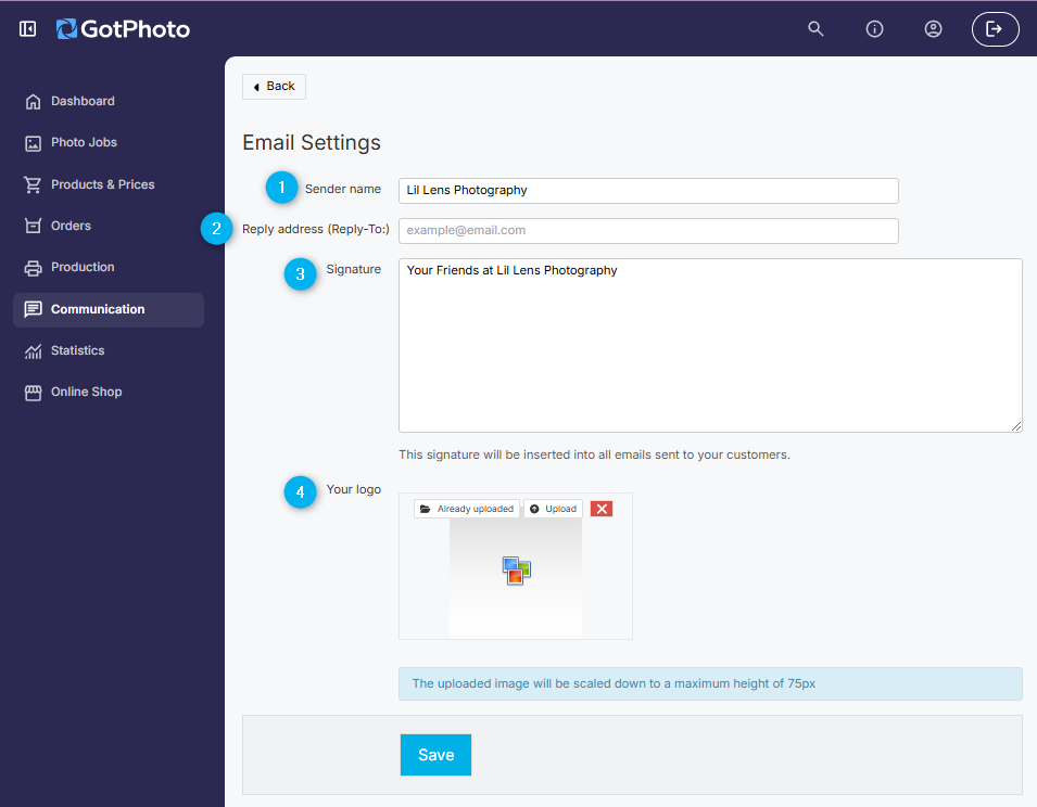 Email Settings screen