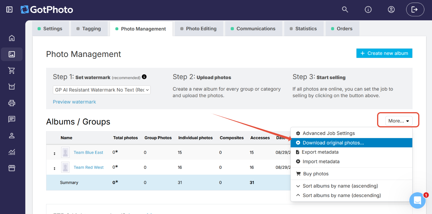 Photo Management: download original photos action