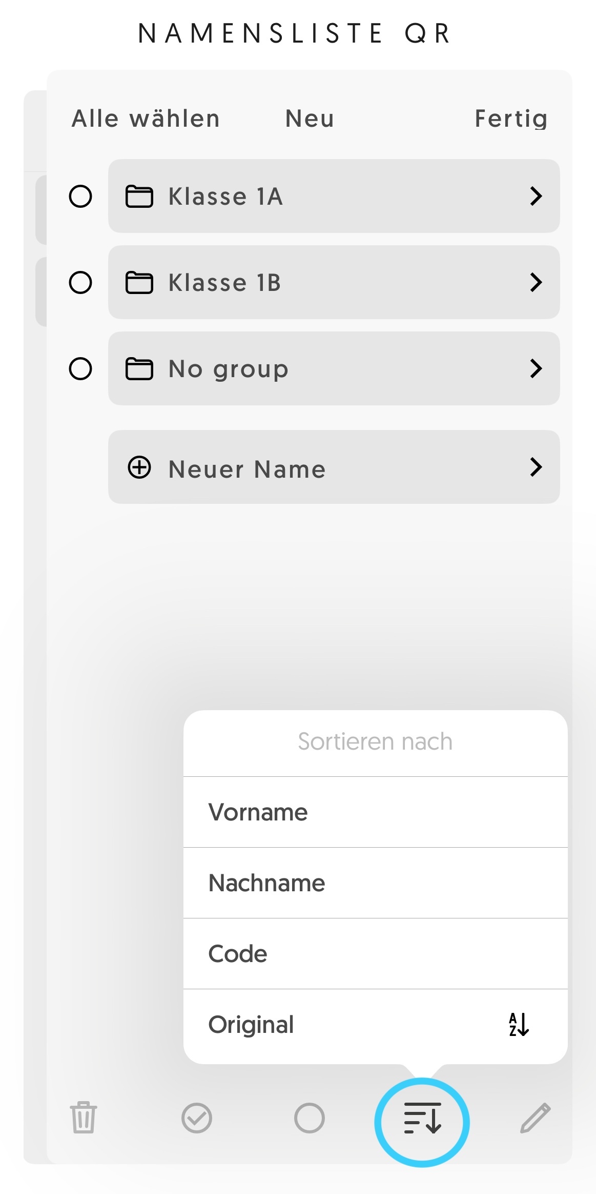 Screenshot: Auswahl der Sortiermethode in der Entagged-App