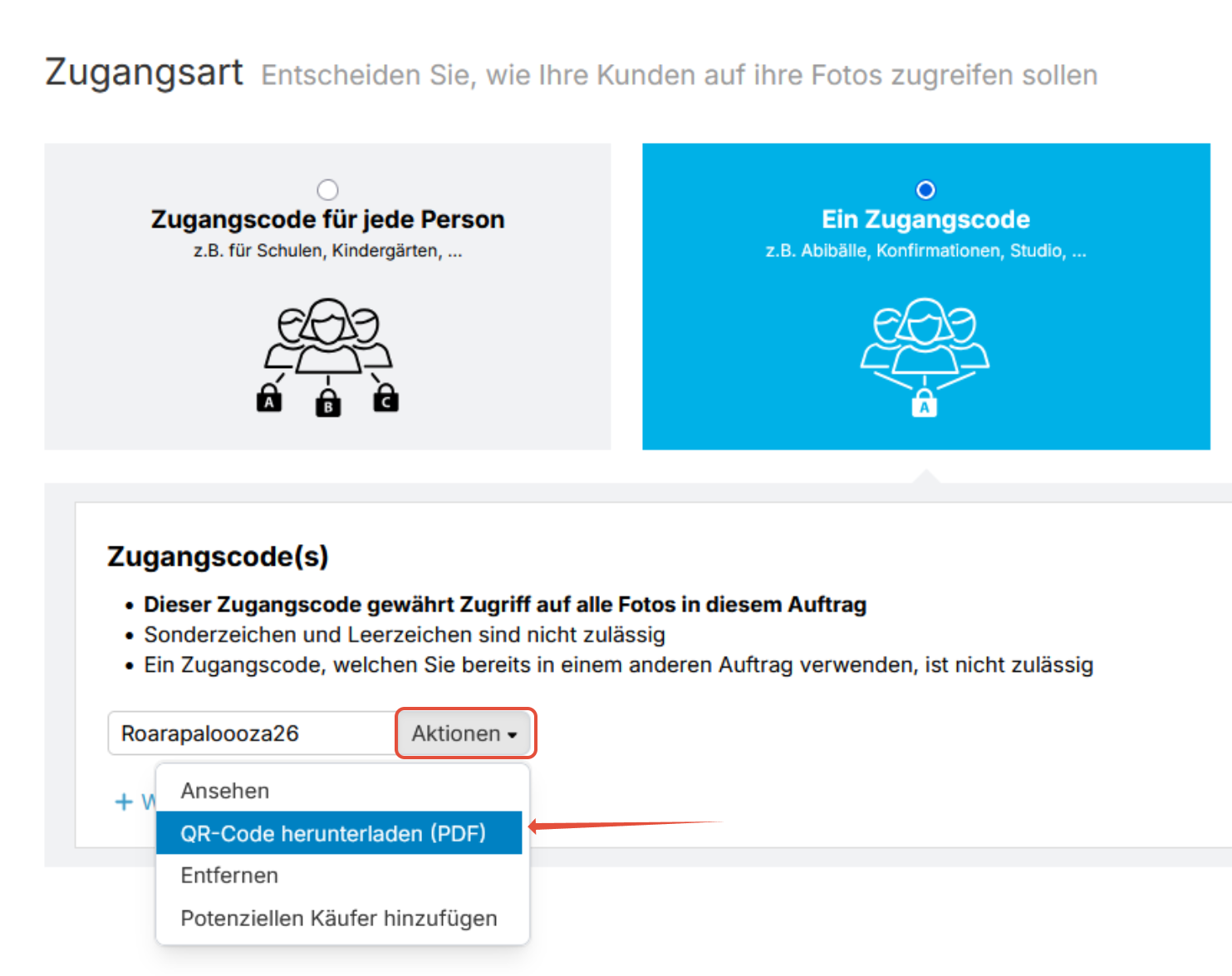 Einstellungen mit gemeinsamem Zugangscode und Option zum Herunterladen des QR-Codes als PDF.