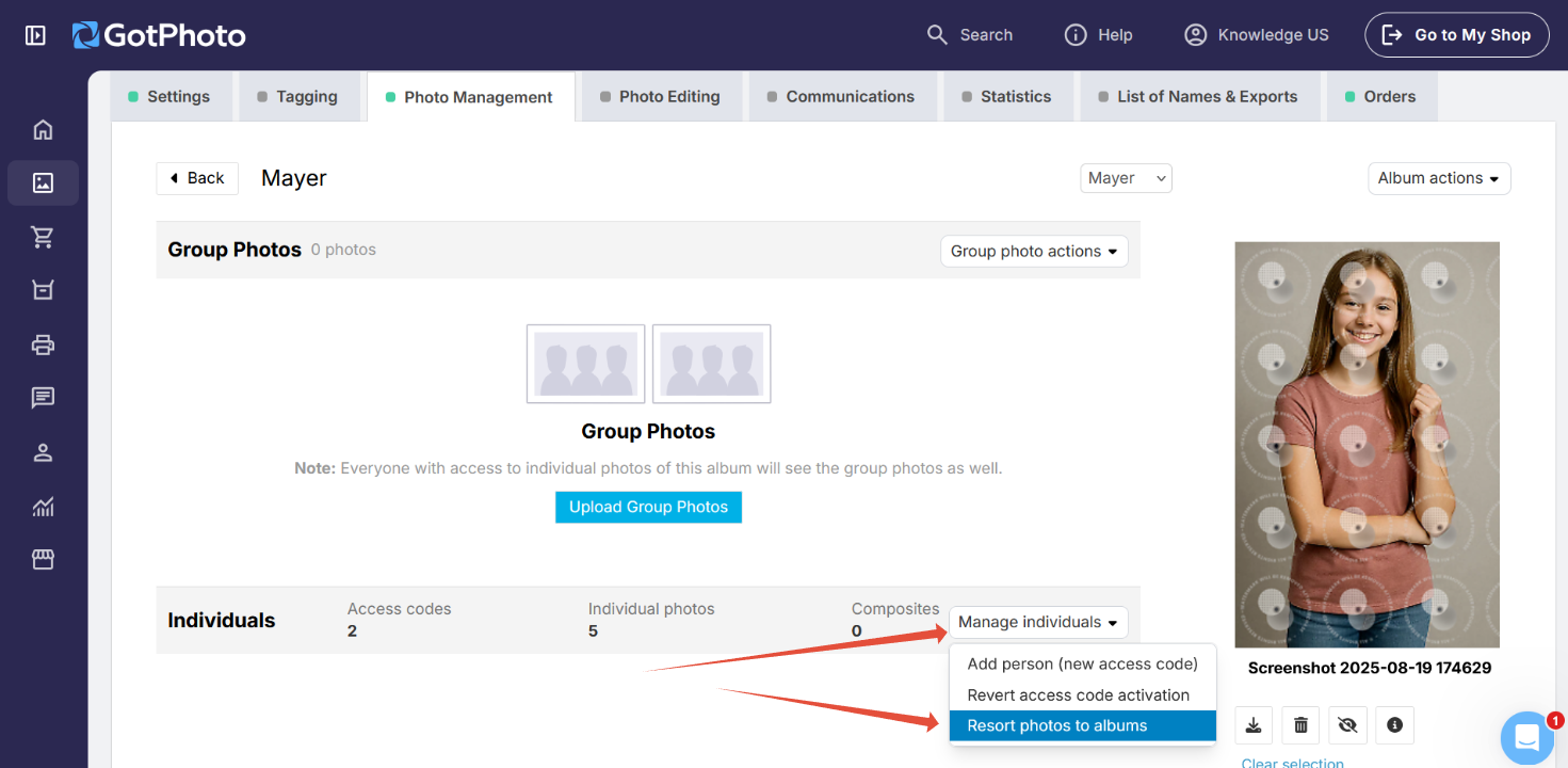 GotPhoto interface showing the 'resort photos to albums' option