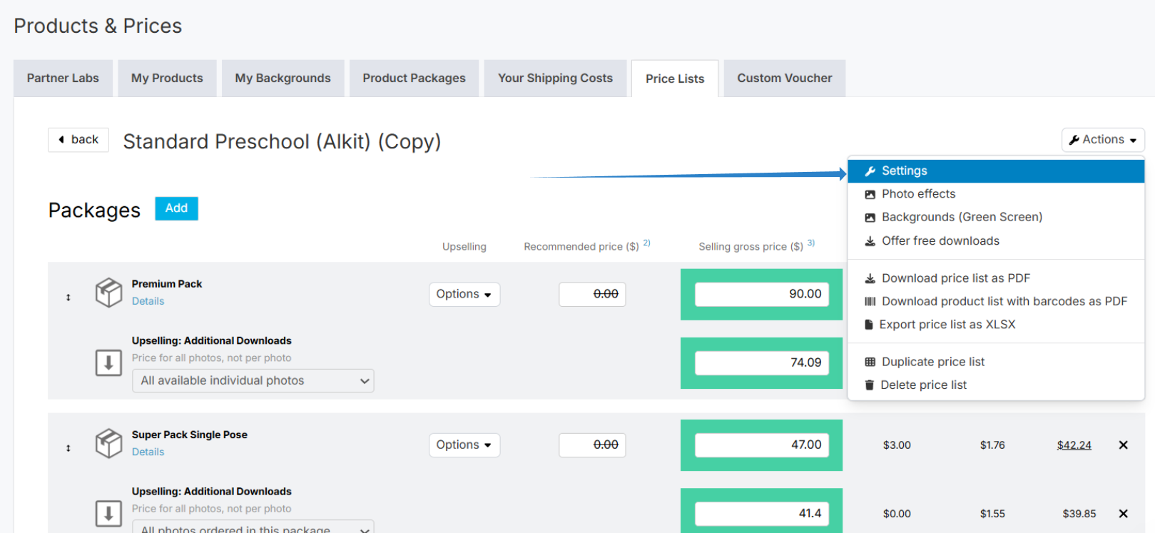 Accessing Settings for the duplicated price list