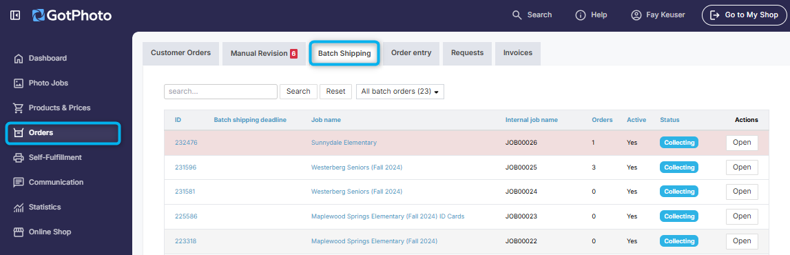 Orders page showing Batch shipping tab with list of batches.