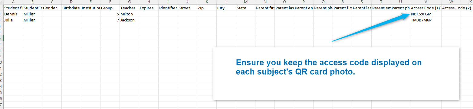 Name list spreadsheet with subject data