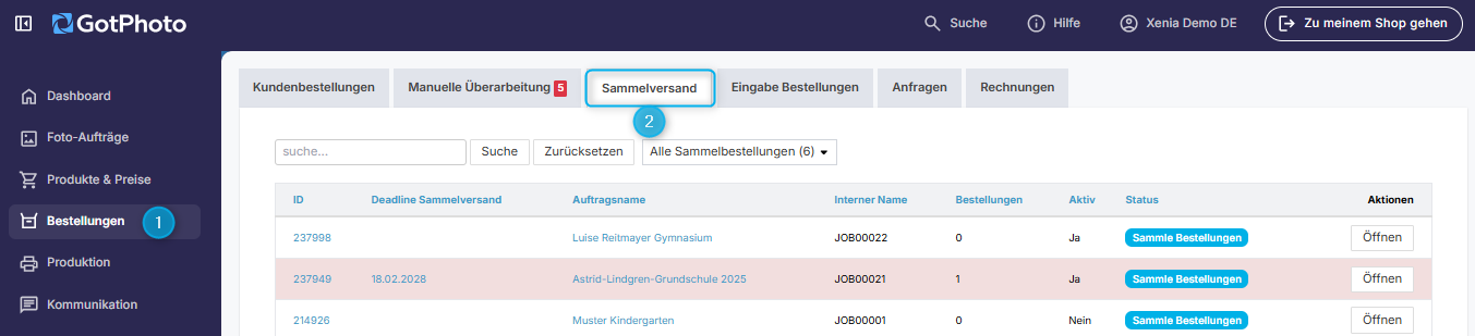 Sammelversand Übersicht