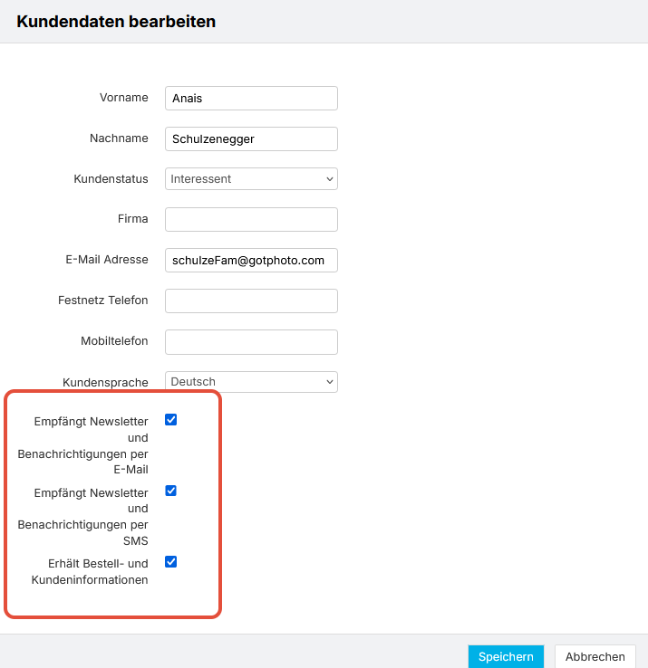 Benachrichtigungsoptionen in der Kundenübersicht bearbeiten