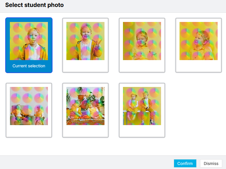Student Data Export preview: Screen that allows selection of a different photo