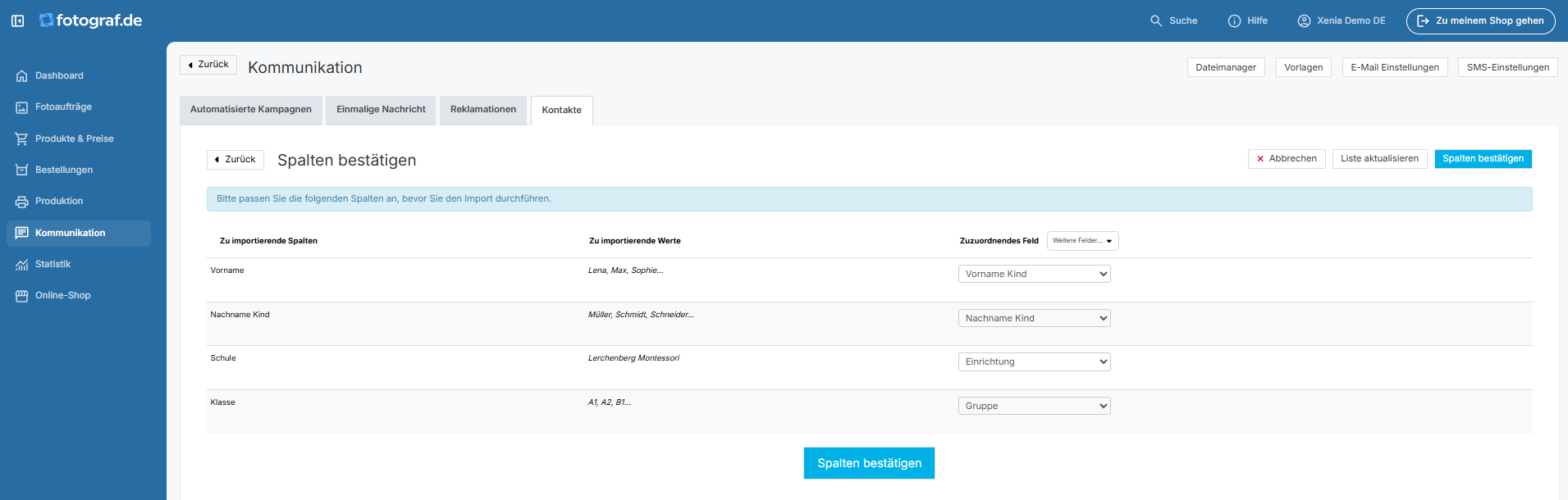 Die Spaltenzuordnungsseite beim Import einer Namensliste zeigt, wie die Spalten der hochgeladenen Datei den Systemspalten zugeordnet werden können, mit Dropdown-Menüs zur Auswahl der passenden Felder.
