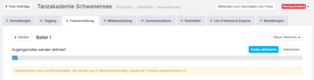 Statusanzeige während der Aktivierung der Zugangscodes