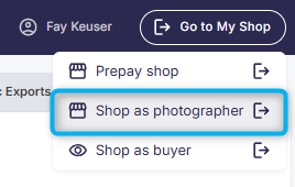 Interface showing the 'Shop as photographer' option in the dropdown menu