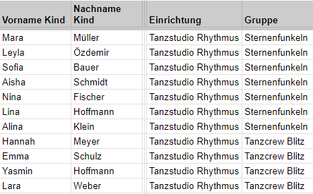 Beispiel Sportliste Screenshot